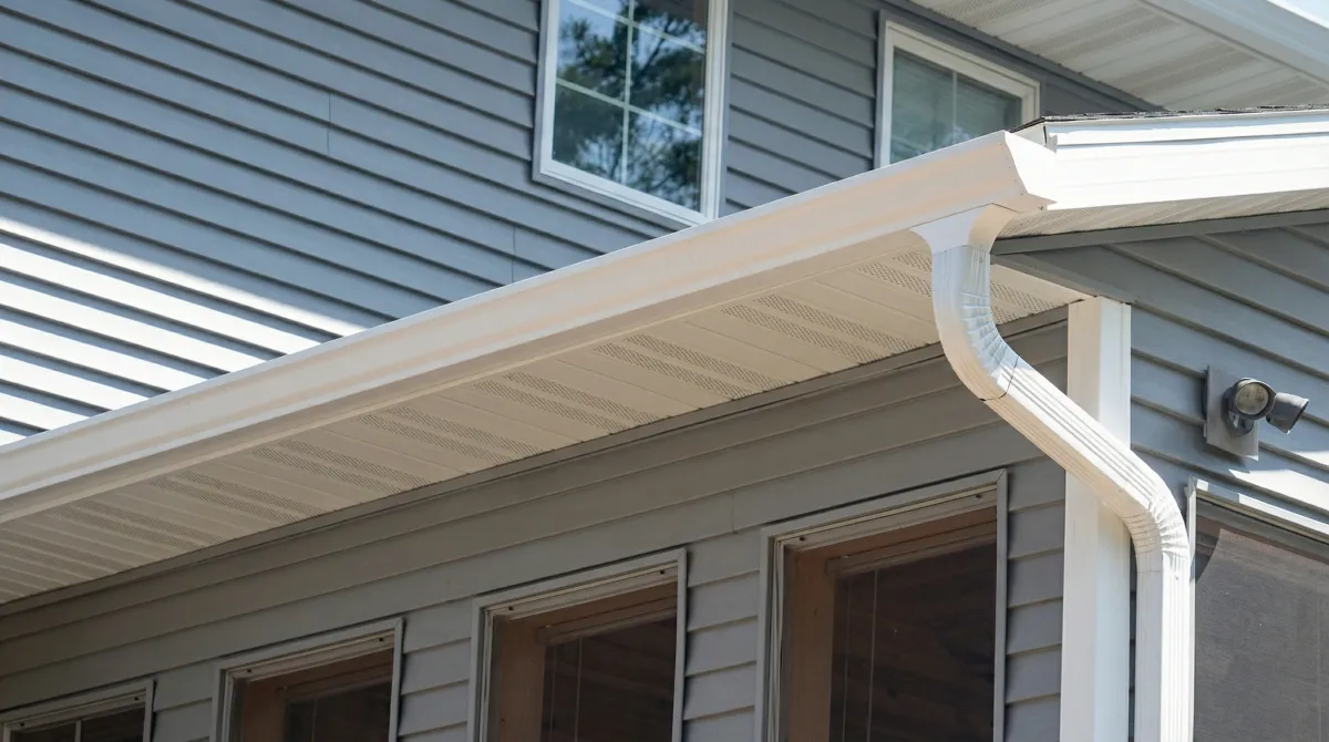 Professional home remodeling project showing newly installed white seamless gutters and downspouts on a house with gray siding in New Orleans, LA