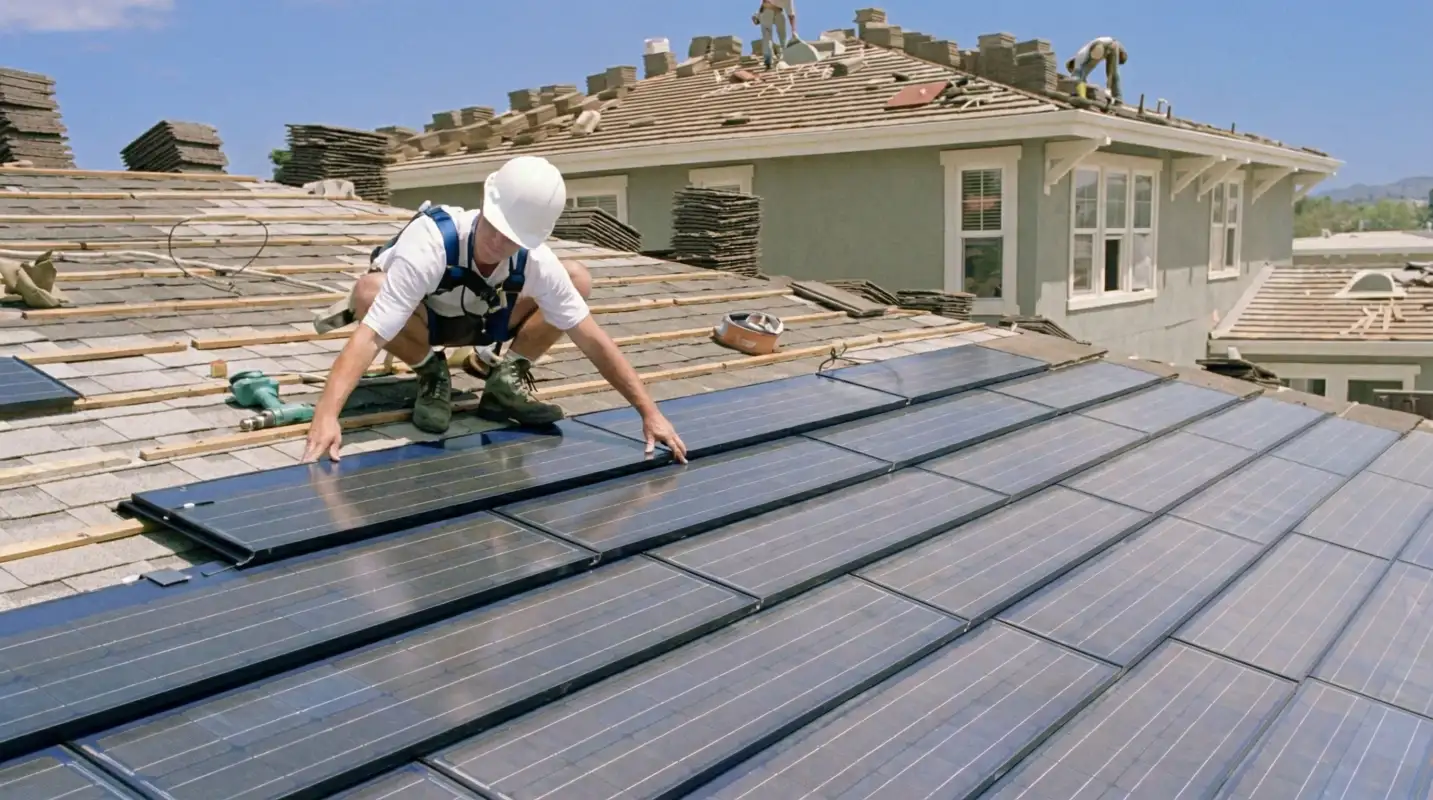Roof replacement expert installing modern solar shingles on a residential home in New Orleans, LA