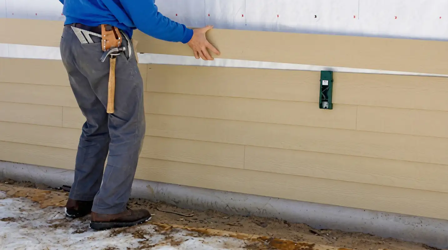 Siding replacement expert carefully aligning a new tan siding panel onto a residential exterior wall in New Orleans, LA