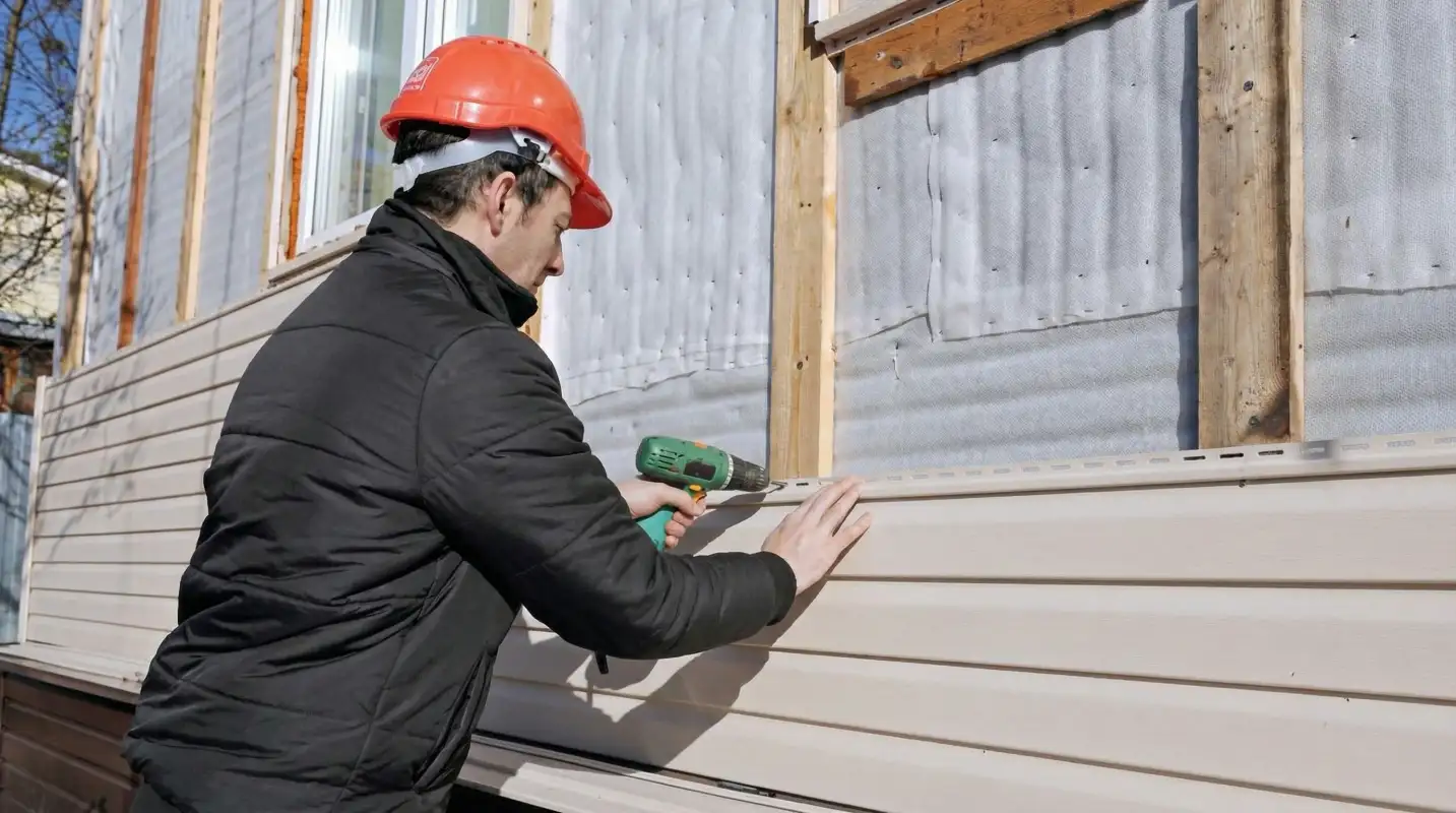 Siding replacement professional using a power drill to install new tan vinyl siding on a home exterior in New Orleans, LA