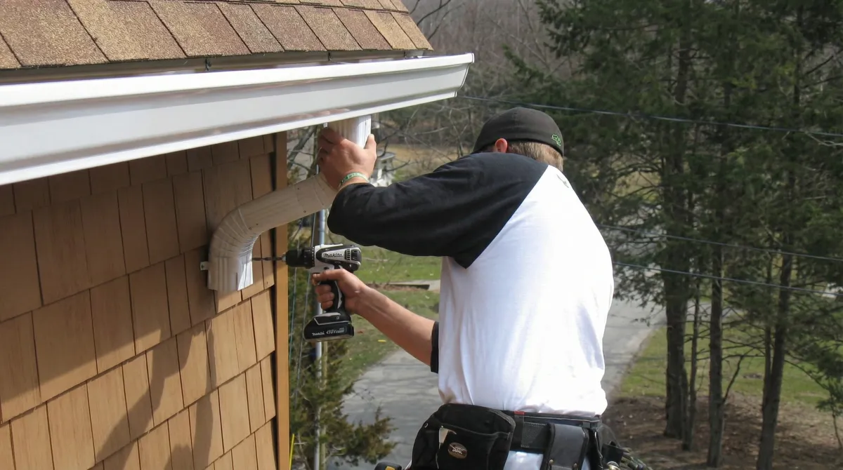 Professional contractor installing tan vinyl siding panels on a residential home exterior in New Orleans, LA