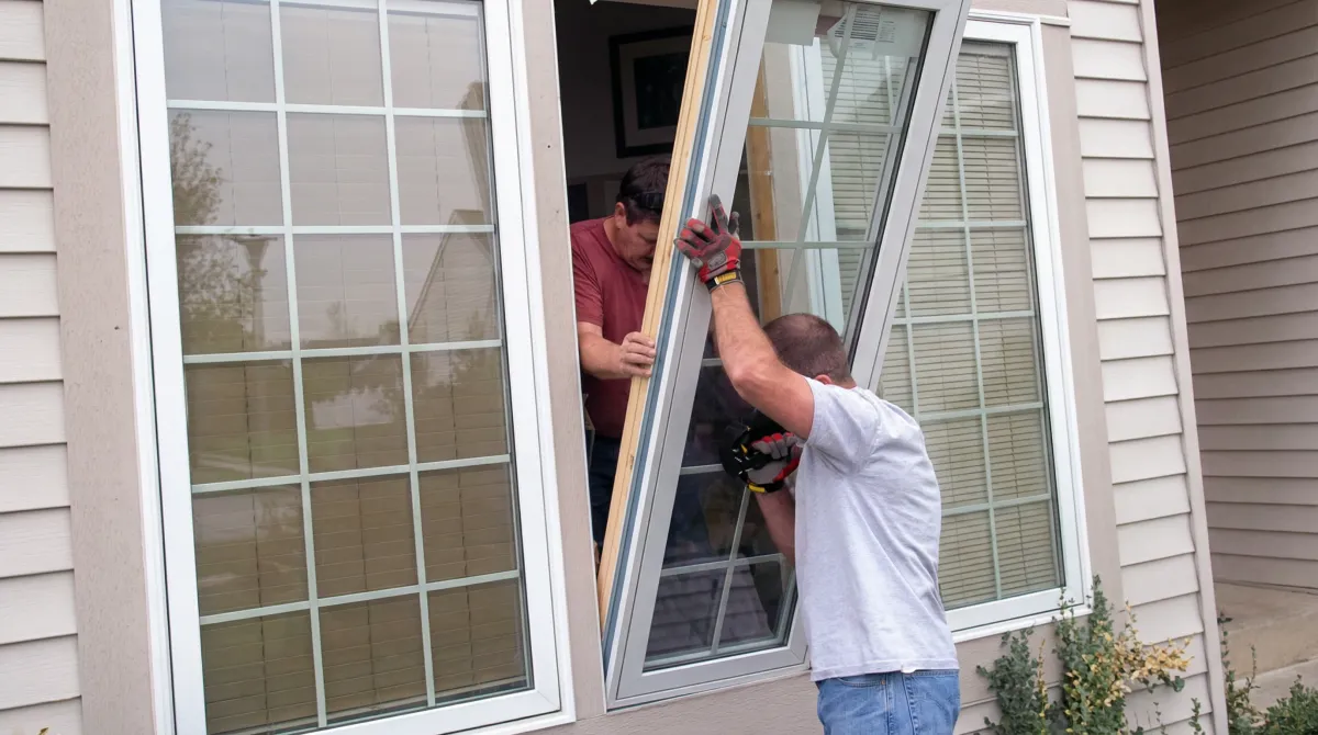 Professional home remodeling team installing a large replacement window on a house with tan siding in New Orleans, LA